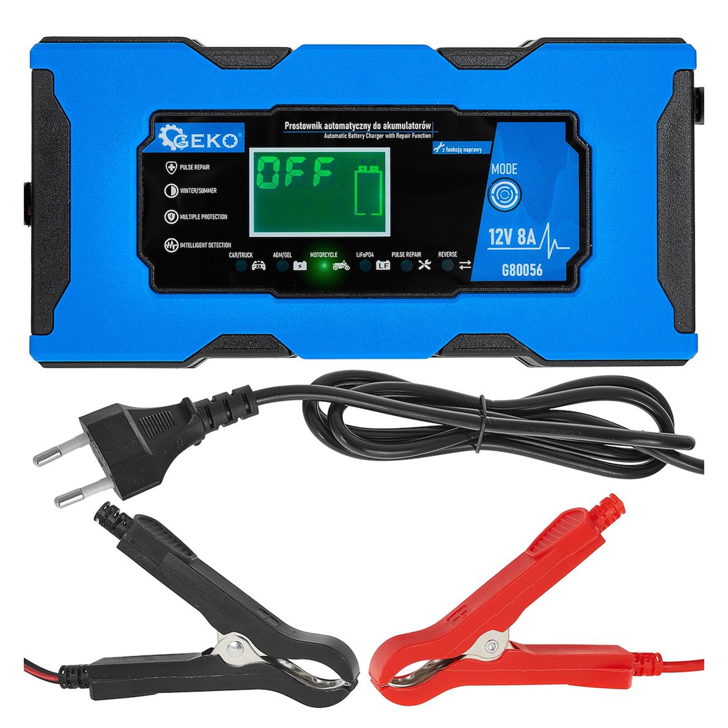 Зарядно устройство за автомобилни и мотоциклетни акумулатори с 12V 8A LCD дисплей и функция за ремонт GEKO