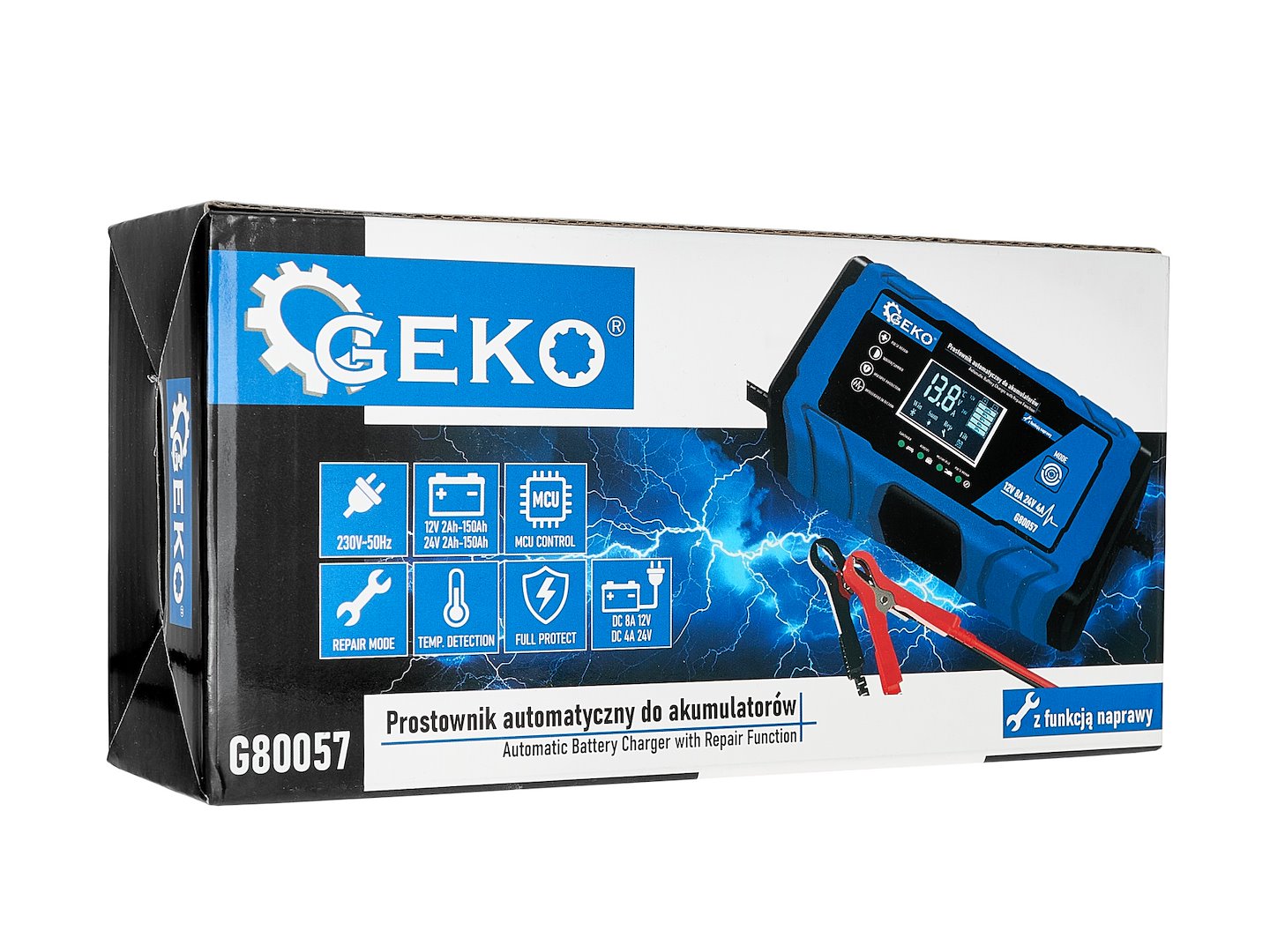 Зарядно устройство за автомобилни и мотоциклетни акумулатори с 12/24V 8A LCD дисплей и функция за ремонт GEKO