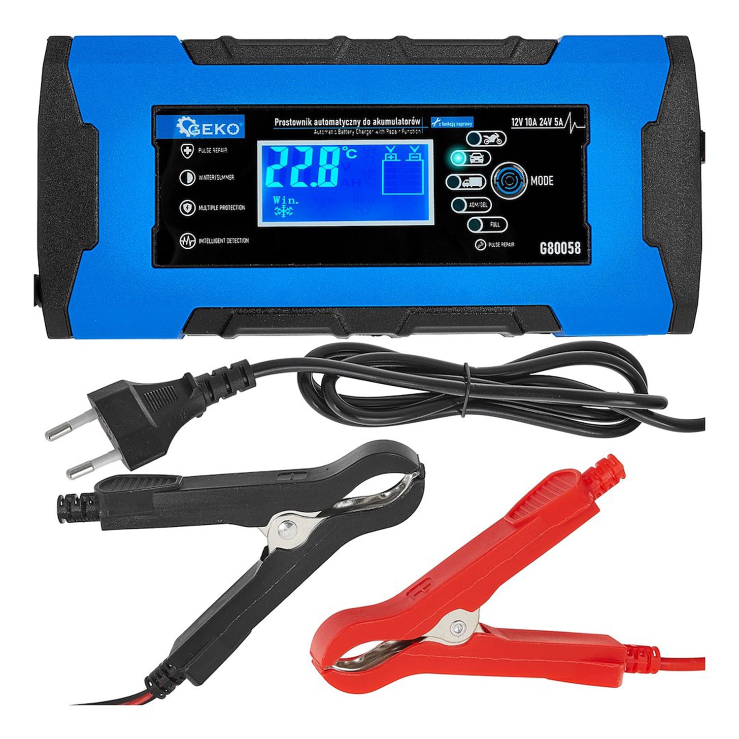 Зарядно устройство за автомобилни и мотоциклетни акумулатори с 12/24V 10A LCD дисплей и функция за ремонт GEKO