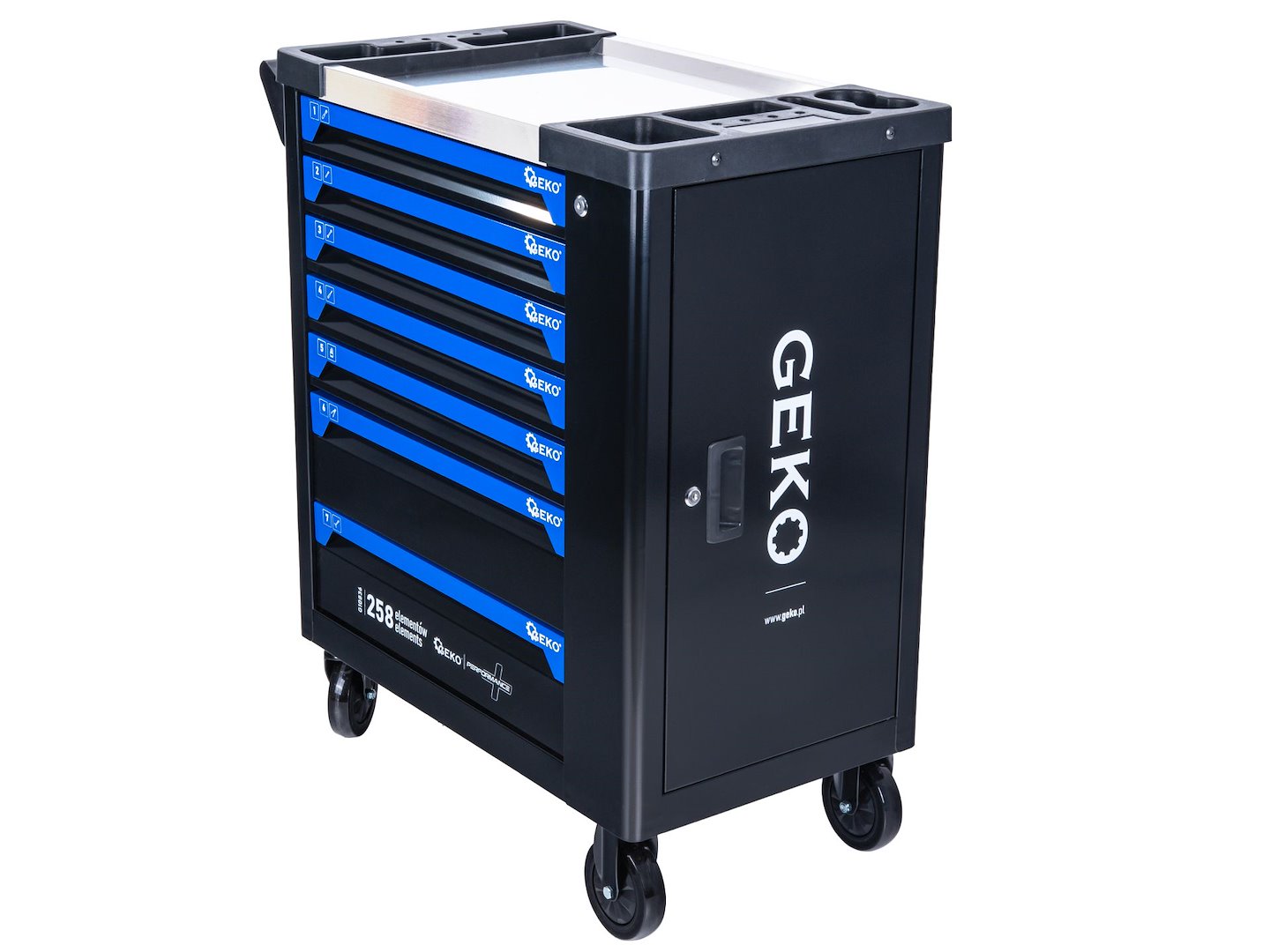 Шкаф за инструменти GEKO със 7 чекмеджета, оборудван с 258 части и 7 карбонови модула