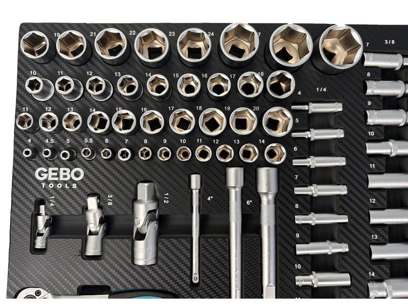 Професионален комплект GEBO TOOLS с 81 части - модул за шкаф с дълги и къси вложки, битове, удължители, адаптери и тресчотки 1/2”, 3/8”, 1/4” CR-V