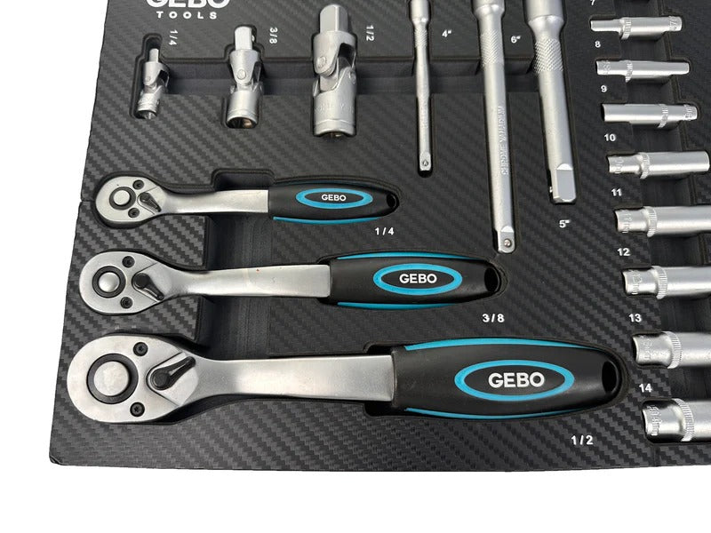 Професионален комплект GEBO TOOLS с 81 части - модул за шкаф с дълги и къси вложки, битове, удължители, адаптери и тресчотки 1/2”, 3/8”, 1/4” CR-V