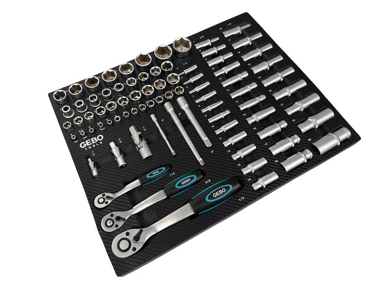 Професионален комплект GEBO TOOLS с 81 части - модул за шкаф с дълги и къси вложки, битове, удължители, адаптери и тресчотки 1/2”, 3/8”, 1/4” CR-V