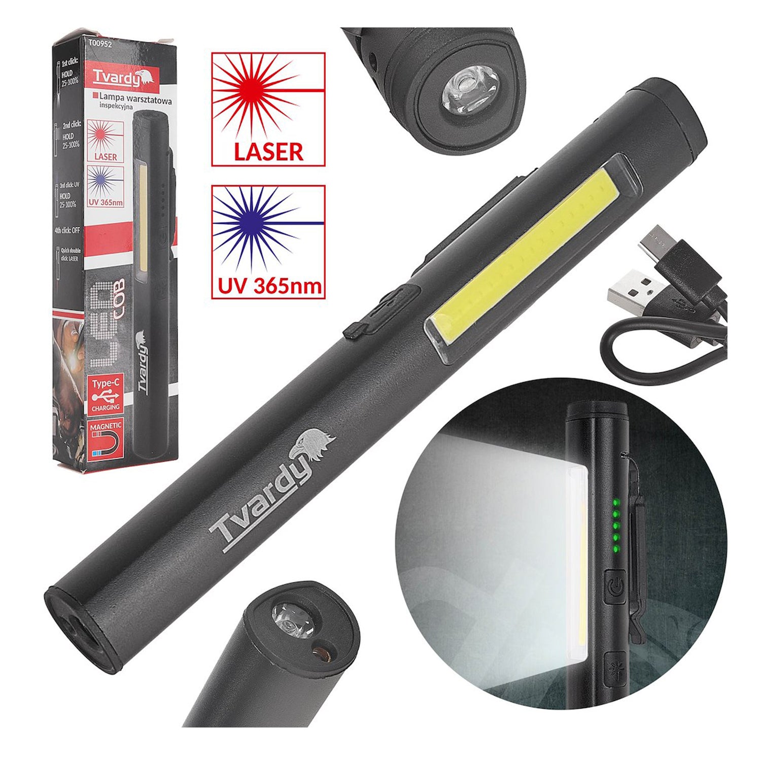 Акумулаторна LED COB лампа с лазер и UV, с магнит, 5W, 800mAh, 400 лумена