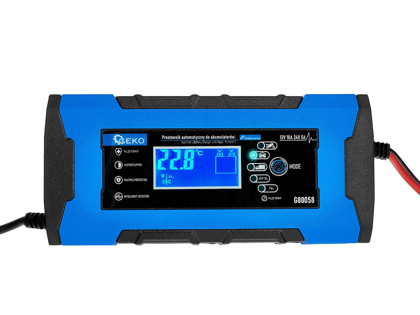 Зарядно устройство за автомобилни и мотоциклетни акумулатори с 12/24V 10A LCD дисплей и функция за ремонт GEKO