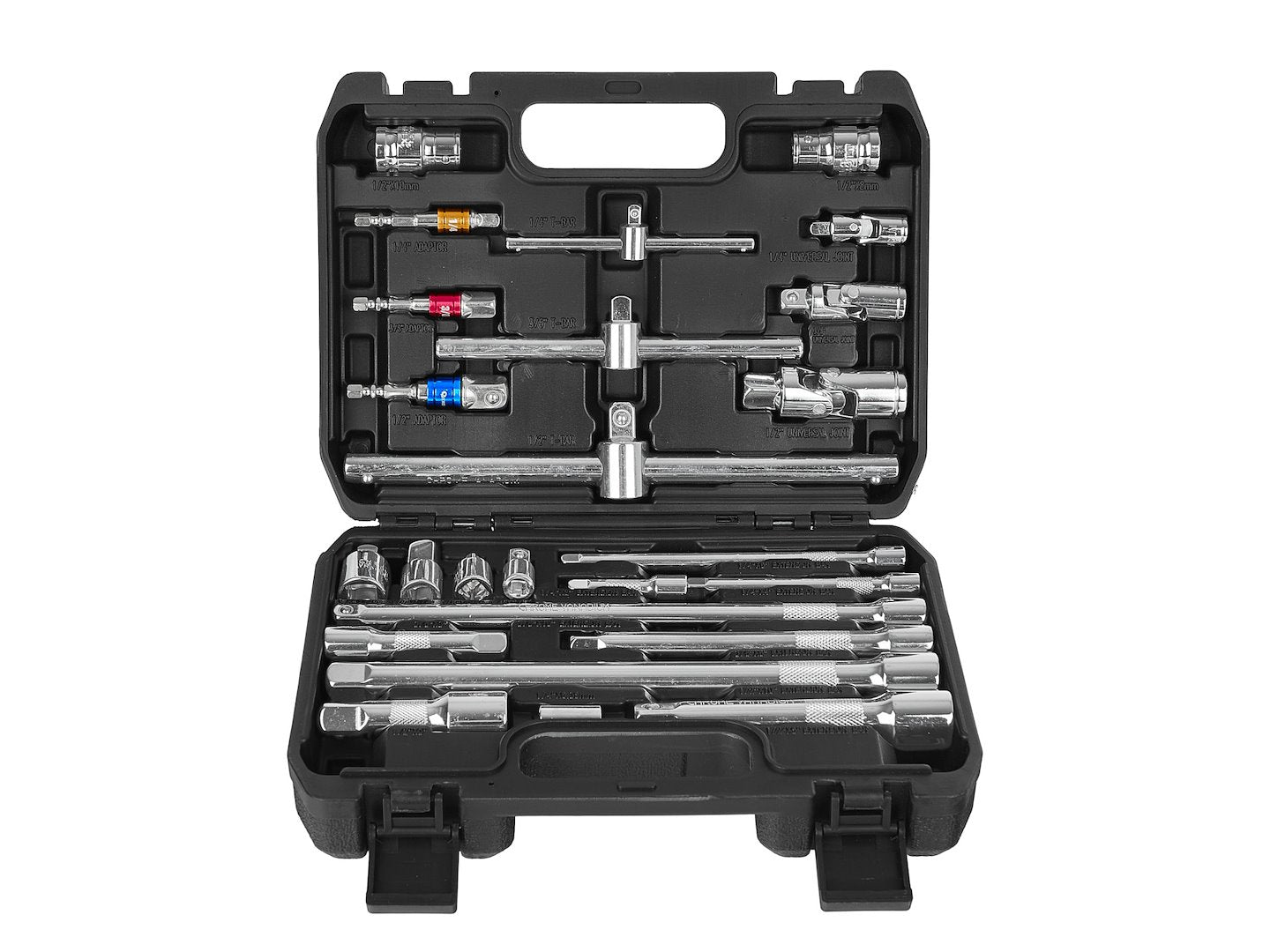 Комплект 25 броя удължители, адаптери и T дръжки 1/4" 3/8" 1/2" CRV - GEKO