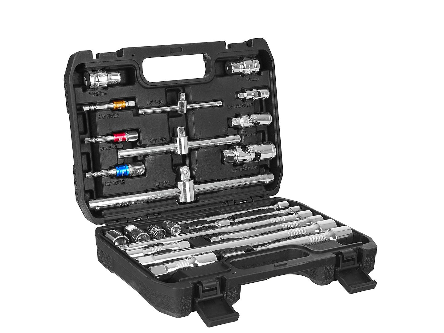 Комплект 25 броя удължители, адаптери и T дръжки 1/4" 3/8" 1/2" CRV - GEKO