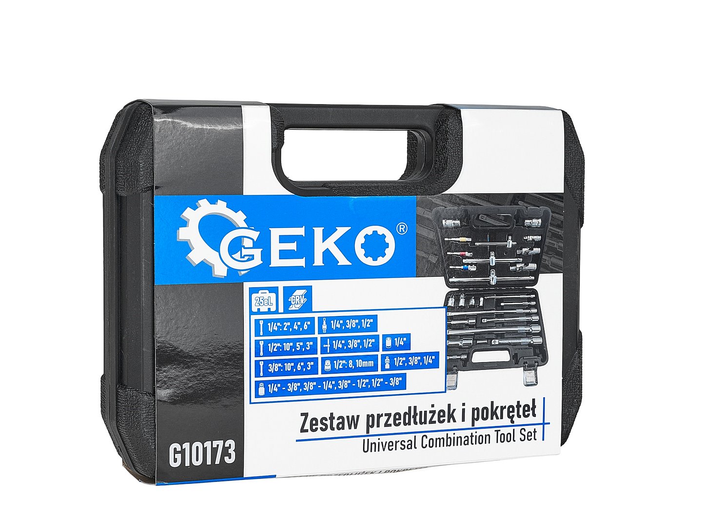 Комплект 25 броя удължители, адаптери и T дръжки 1/4" 3/8" 1/2" CRV - GEKO