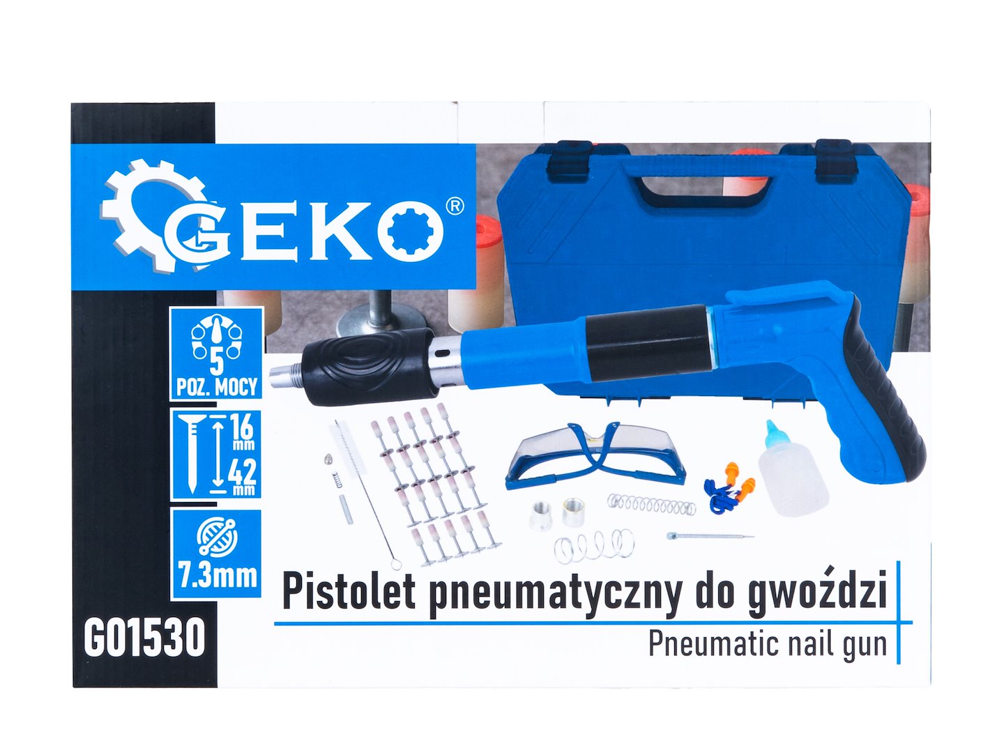 Комплект пневматичен пистолет за пирони с аксесоари GEKO