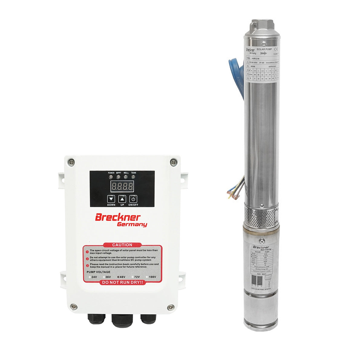 Потопяема водна помпа 600W, 48V дебит 3.5m3/h, D75мм с контролер за соларен фотоволтаичен панел Breckner Germany