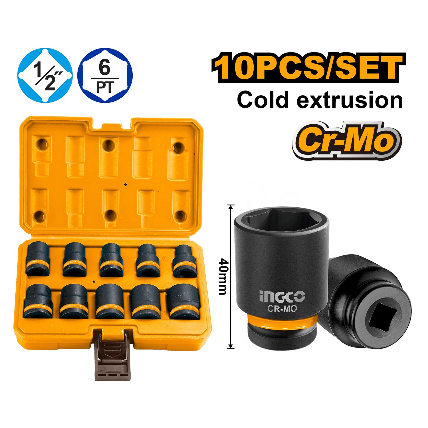 Комплект 10 ударни вложки 1/2" 10-24 мм - INGCO