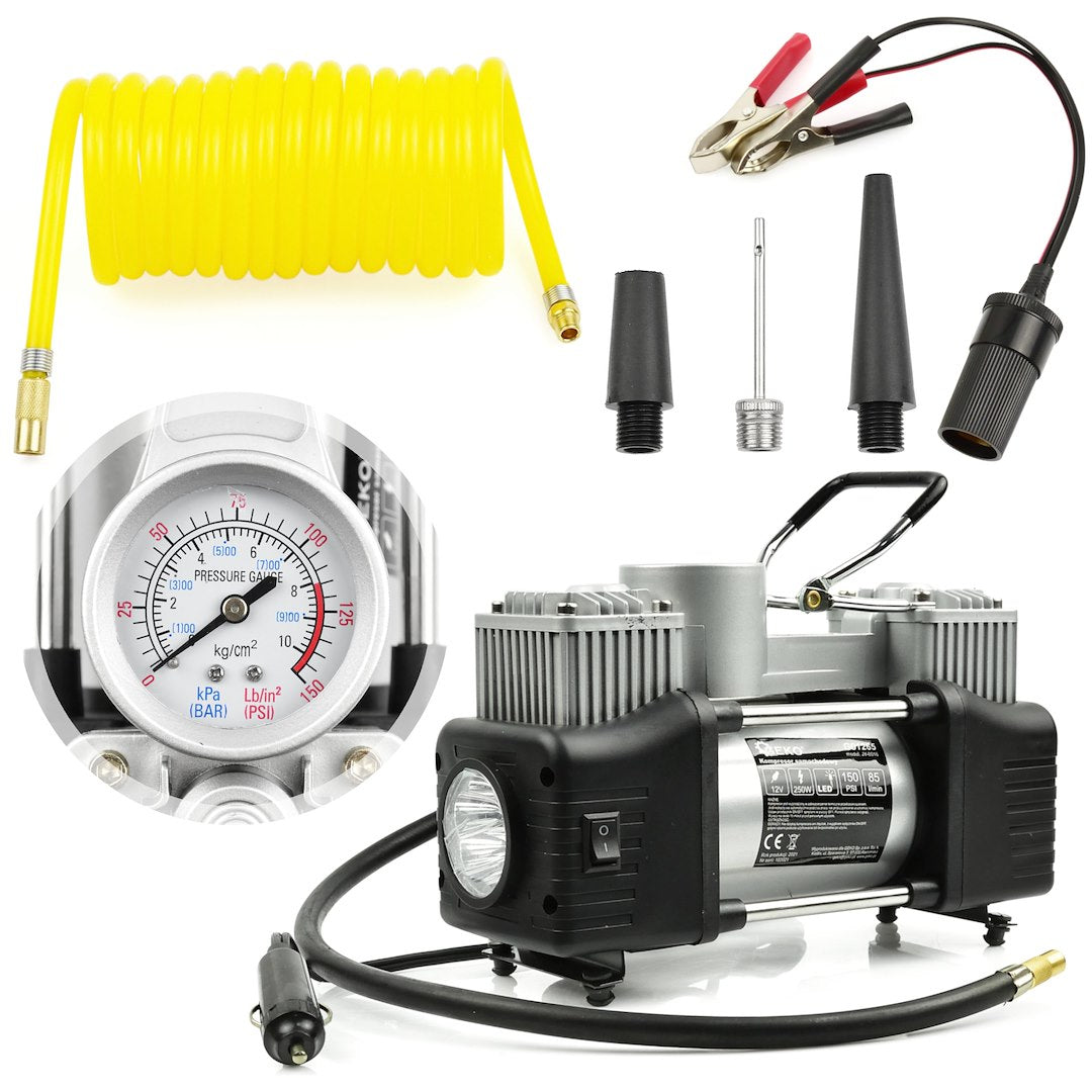 Автомобилен компресор 12V 250W с фенер, GEKO