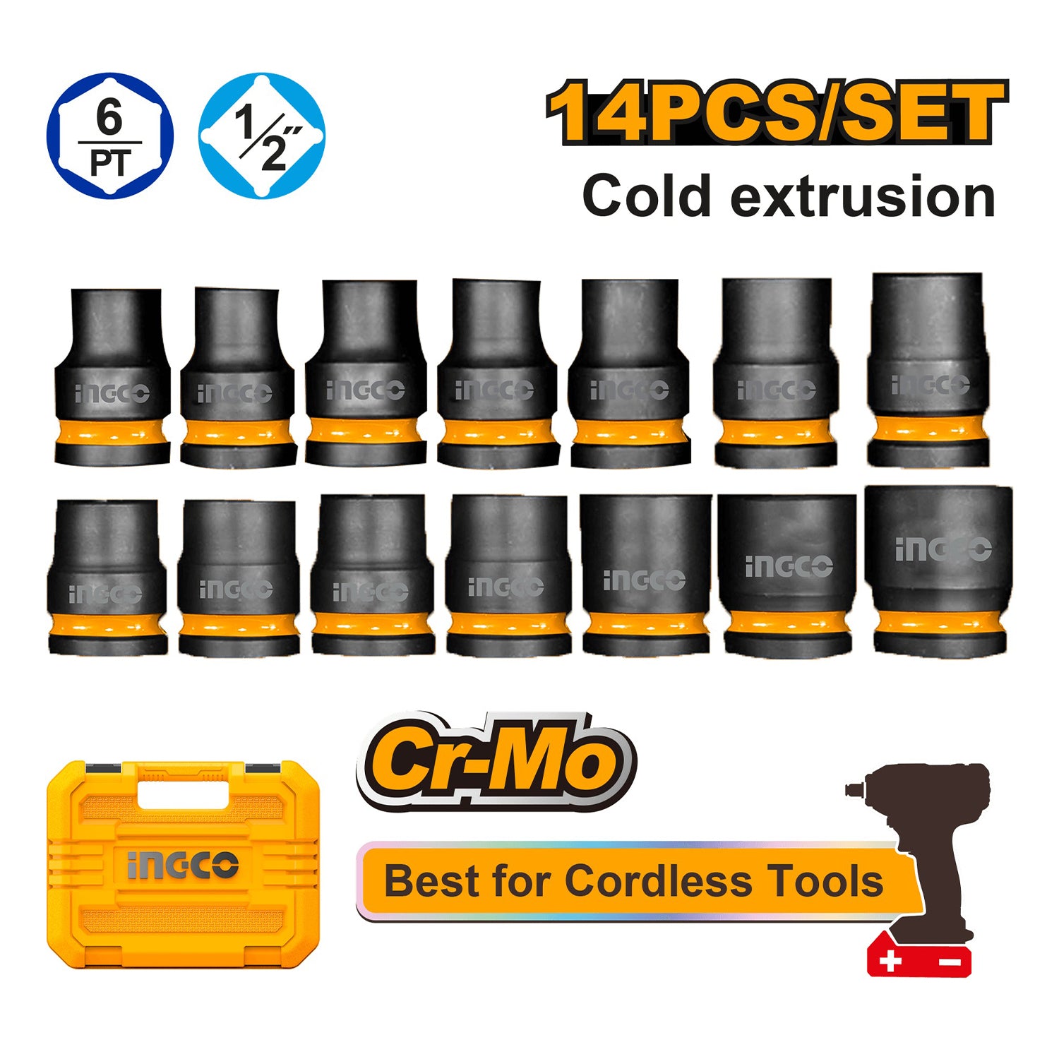 Комплект 14 ударни вложки 1/2" 10-27 мм – INGCO