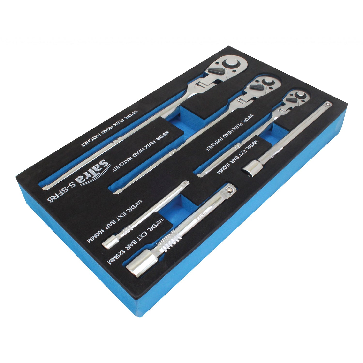 Комплект 6 части, ключове с тресчотка 1/4" – 3/8" – 1/2" с 180° гъвкава глава и удължители