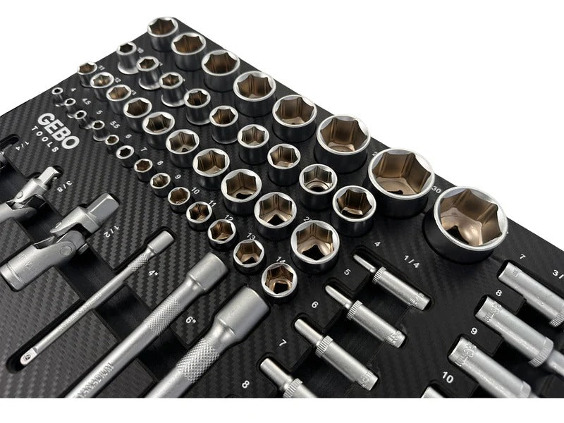 Професионален комплект GEBO TOOLS с 81 части - модул за шкаф с дълги и къси вложки, битове, удължители, адаптери и тресчотки 1/2”, 3/8”, 1/4” CR-V