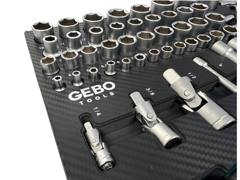 Професионален комплект GEBO TOOLS с 81 части - модул за шкаф с дълги и къси вложки, битове, удължители, адаптери и тресчотки 1/2”, 3/8”, 1/4” CR-V