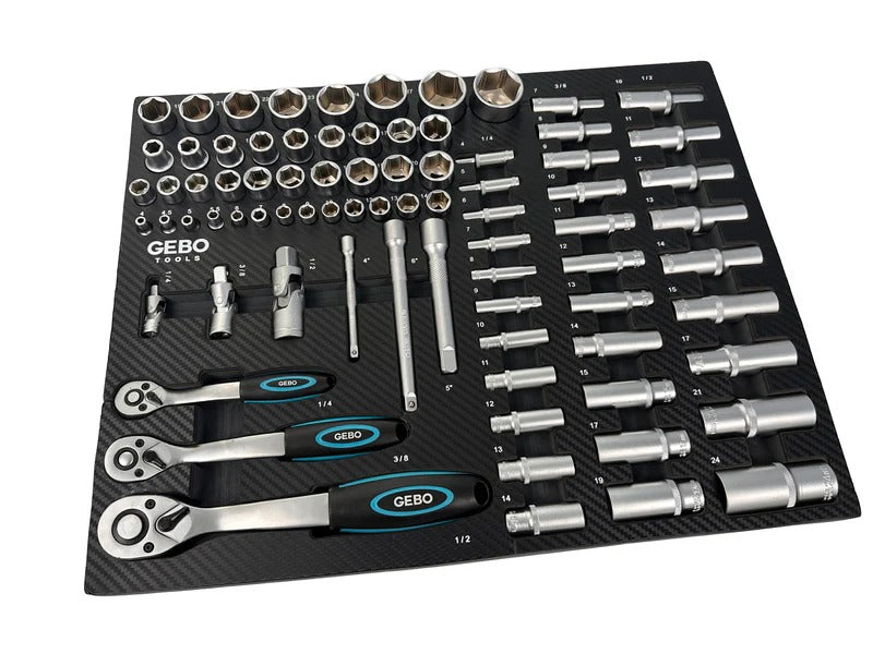 Професионален комплект GEBO TOOLS с 81 части - модул за шкаф с дълги и къси вложки, битове, удължители, адаптери и тресчотки 1/2”, 3/8”, 1/4” CR-V