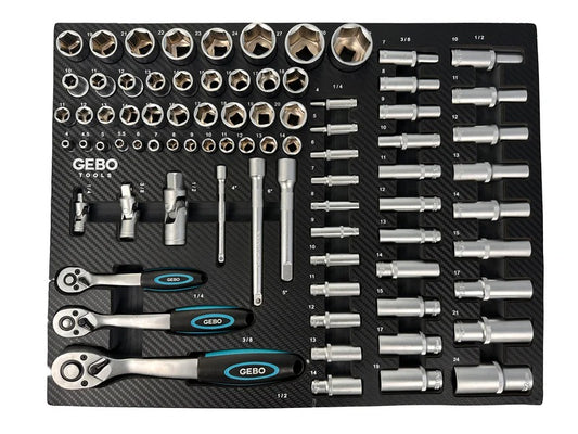 Професионален комплект GEBO TOOLS с 81 части - модул за шкаф с дълги и къси вложки, битове, удължители, адаптери и тресчотки 1/2”, 3/8”, 1/4” CR-V