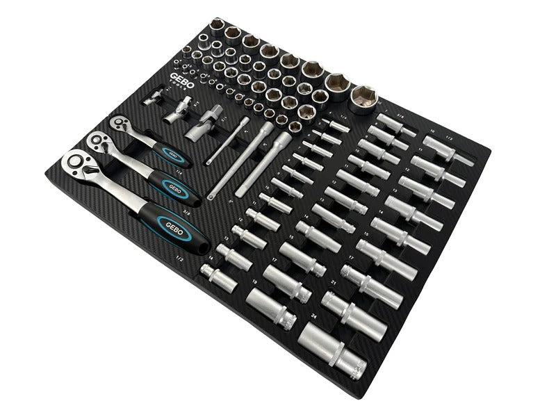 Професионален комплект GEBO TOOLS с 81 части - модул за шкаф с дълги и къси вложки, битове, удължители, адаптери и тресчотки 1/2”, 3/8”, 1/4” CR-V