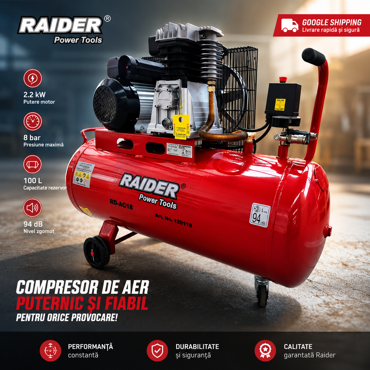 Въздушен компресор 100 л 3CP 220V RAIDER